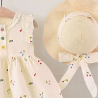 Girls Cream Cherry Printed Sleeveless Fit & Flare Dress Casual Dresses