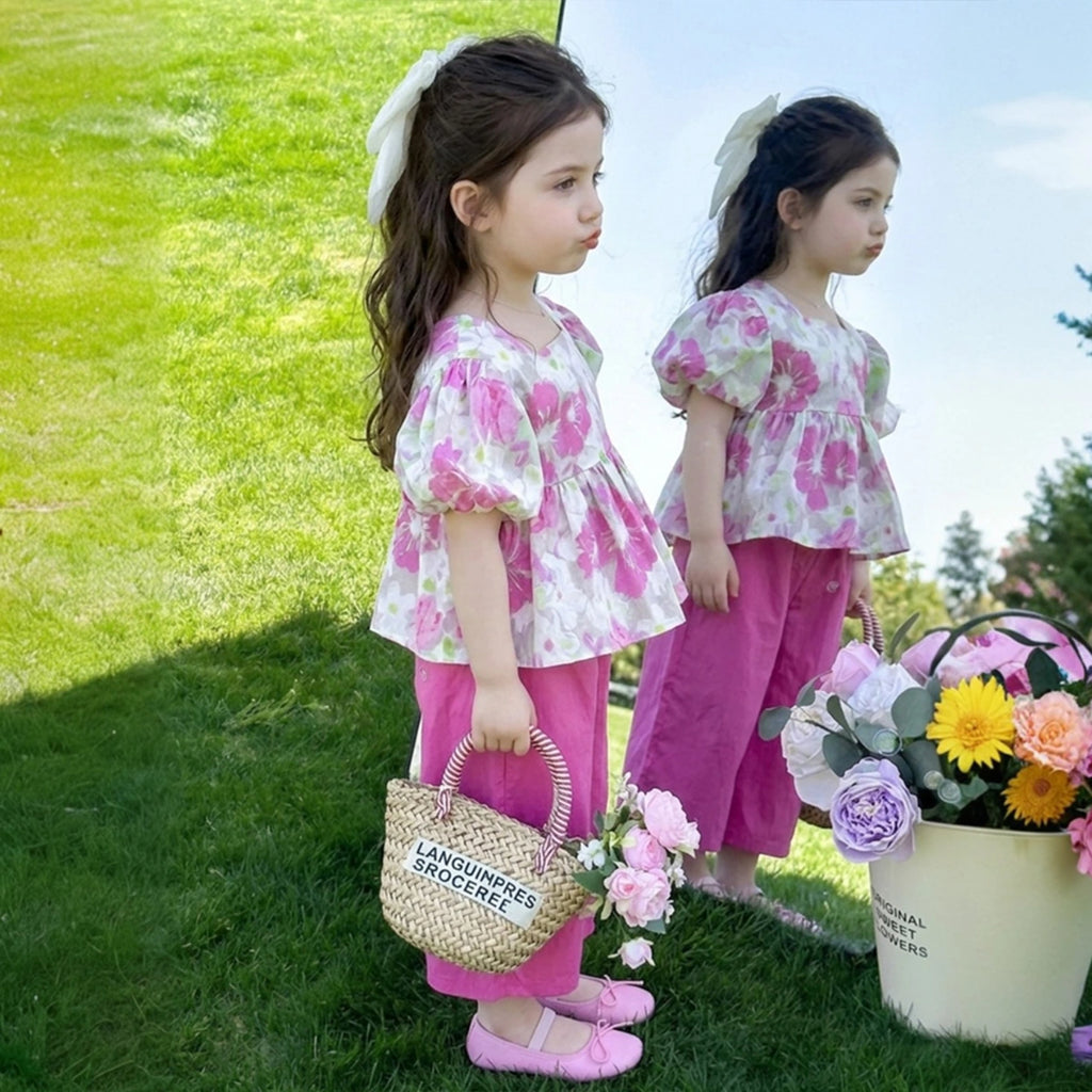Girls Pink Floral Print Puff Sleeve Top With Pants Sets Sets