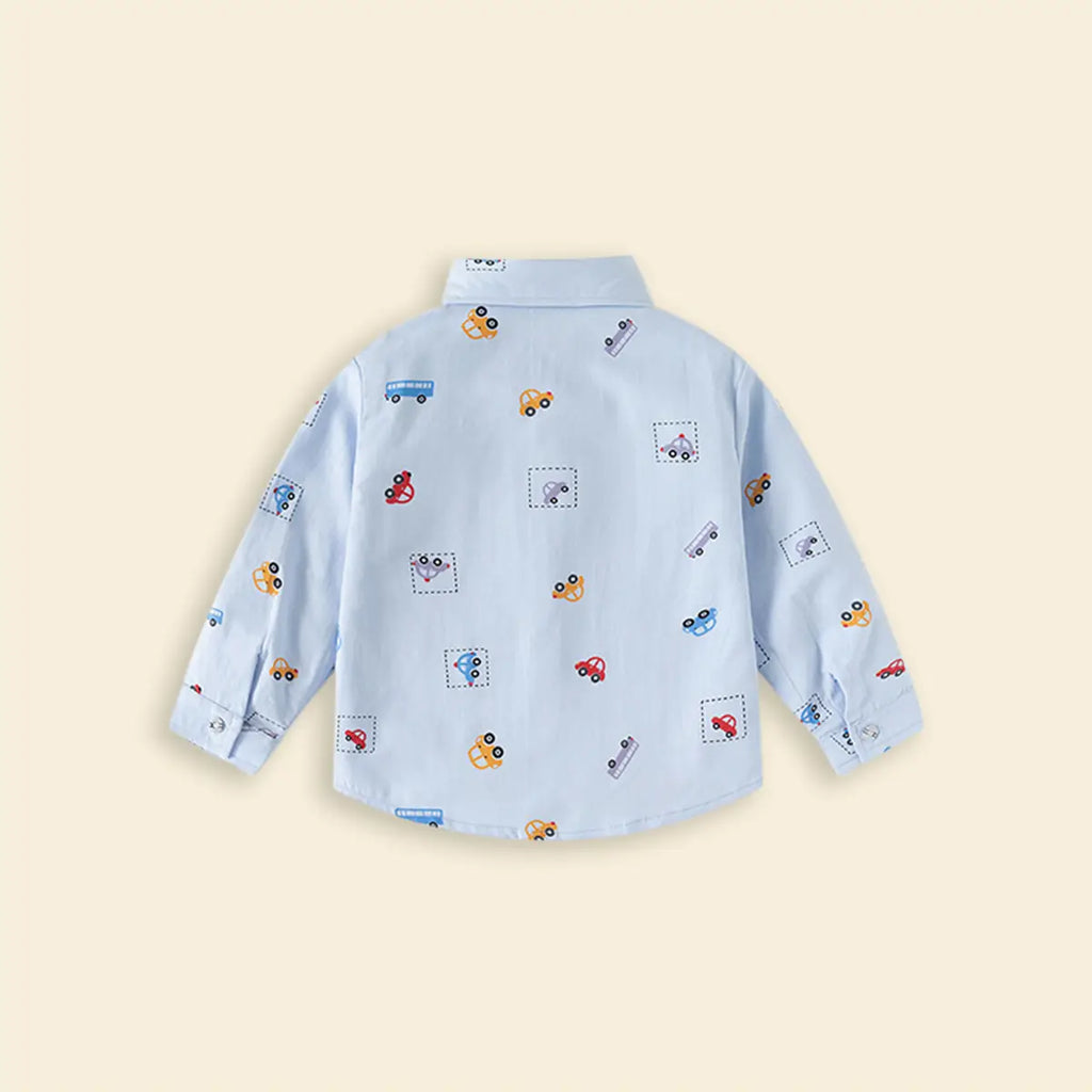 Boys Sky Blue Car Print Long Sleeve Shirt Shirts