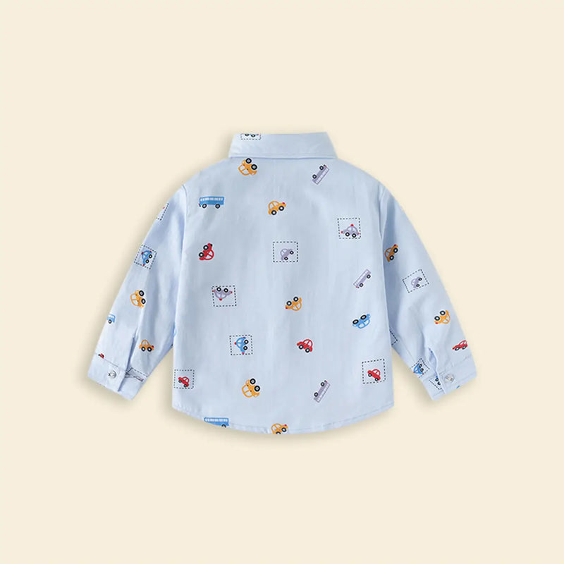 Boys Sky Blue Car Print Long Sleeve Shirt Shirts