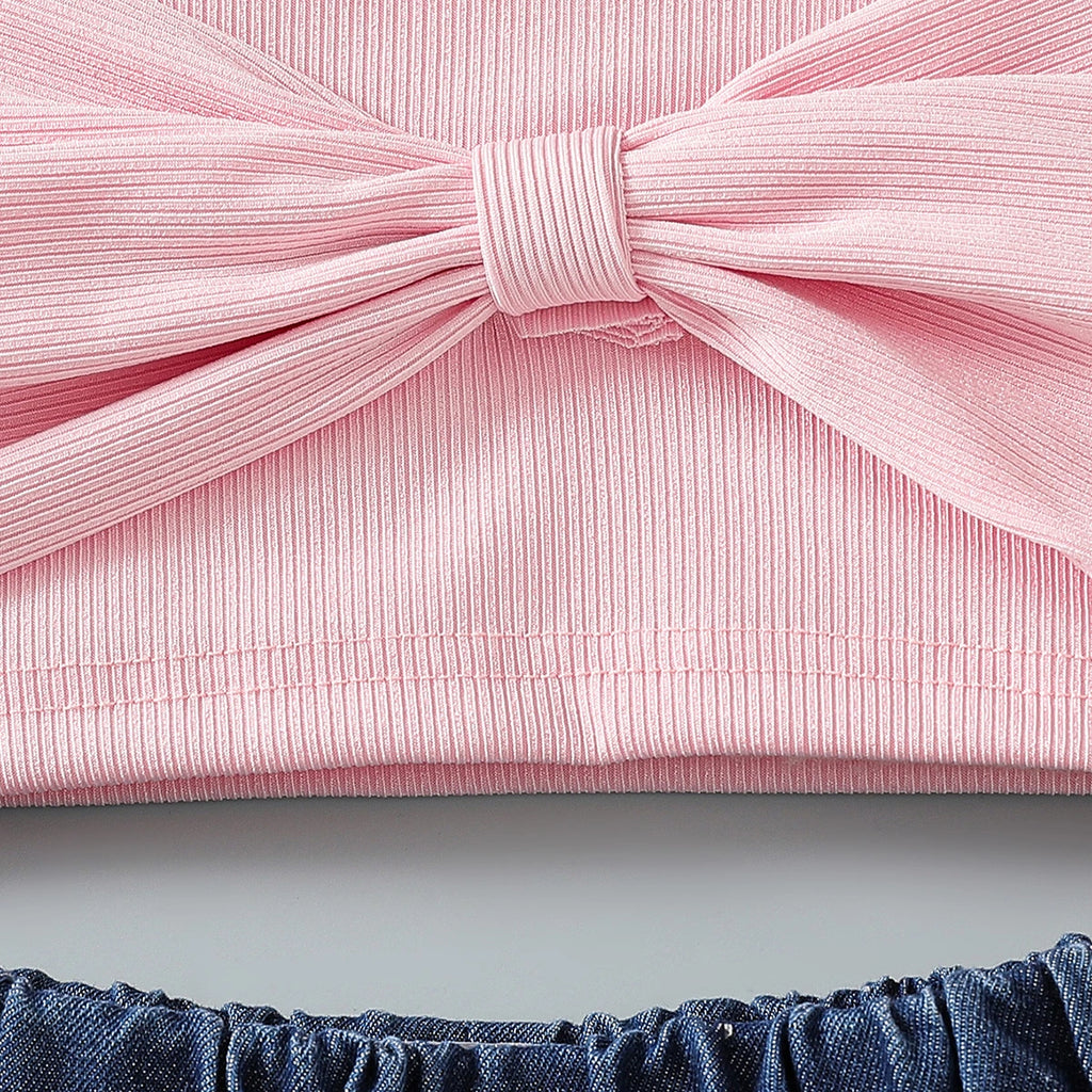 Girls Pink Bow Applique Crop Top With Embroidered Denim Shorts Set Sets