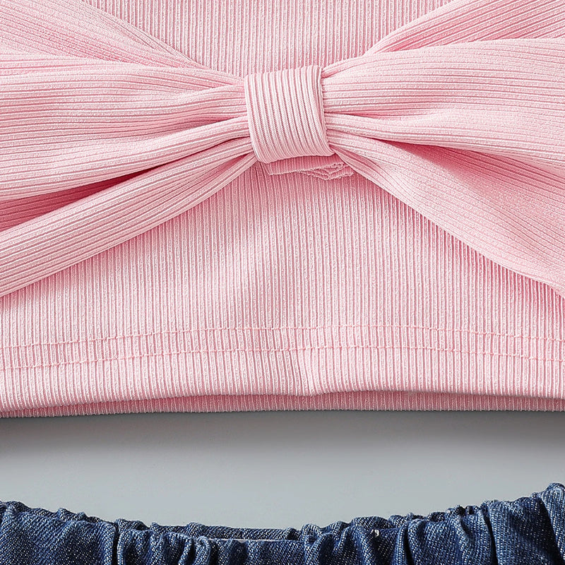 Girls Pink Bow Applique Crop Top With Embroidered Denim Shorts Set Sets