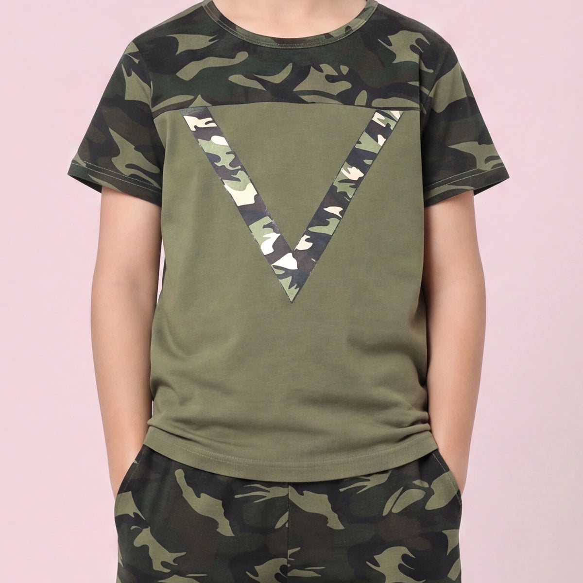 Boys Olive Green Camouflage Print Short Sleeve T-Shirt With Pants Sets 2 pc. Sets