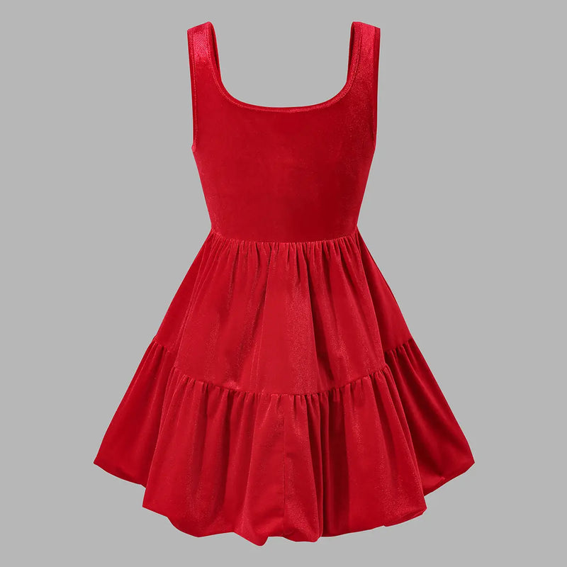 Girls Red Sleeveless Tiered Fit & Flare Dress Casual Dresses