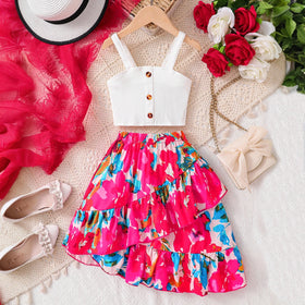 Girls White Textured Sleeveless Crop Top With Skirt Sets 2 pc. Sets White 3-4 Y