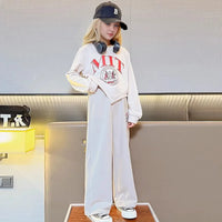 Girls Off White Typographic Printed Sweatshirt With Asymmetrical Hemline & Pant Sets Sets