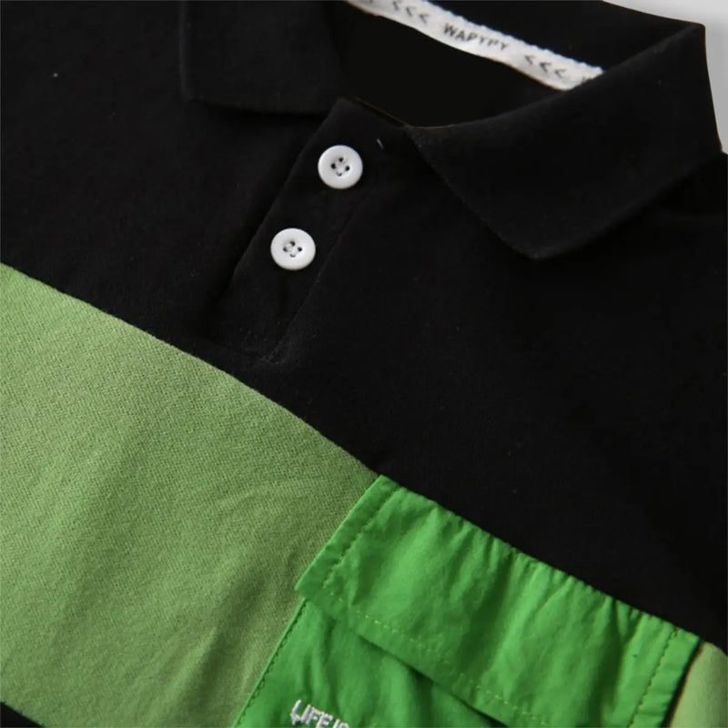 Boys Black Color-blocked Polo T-Shirt With Short Sleeves Tshirts