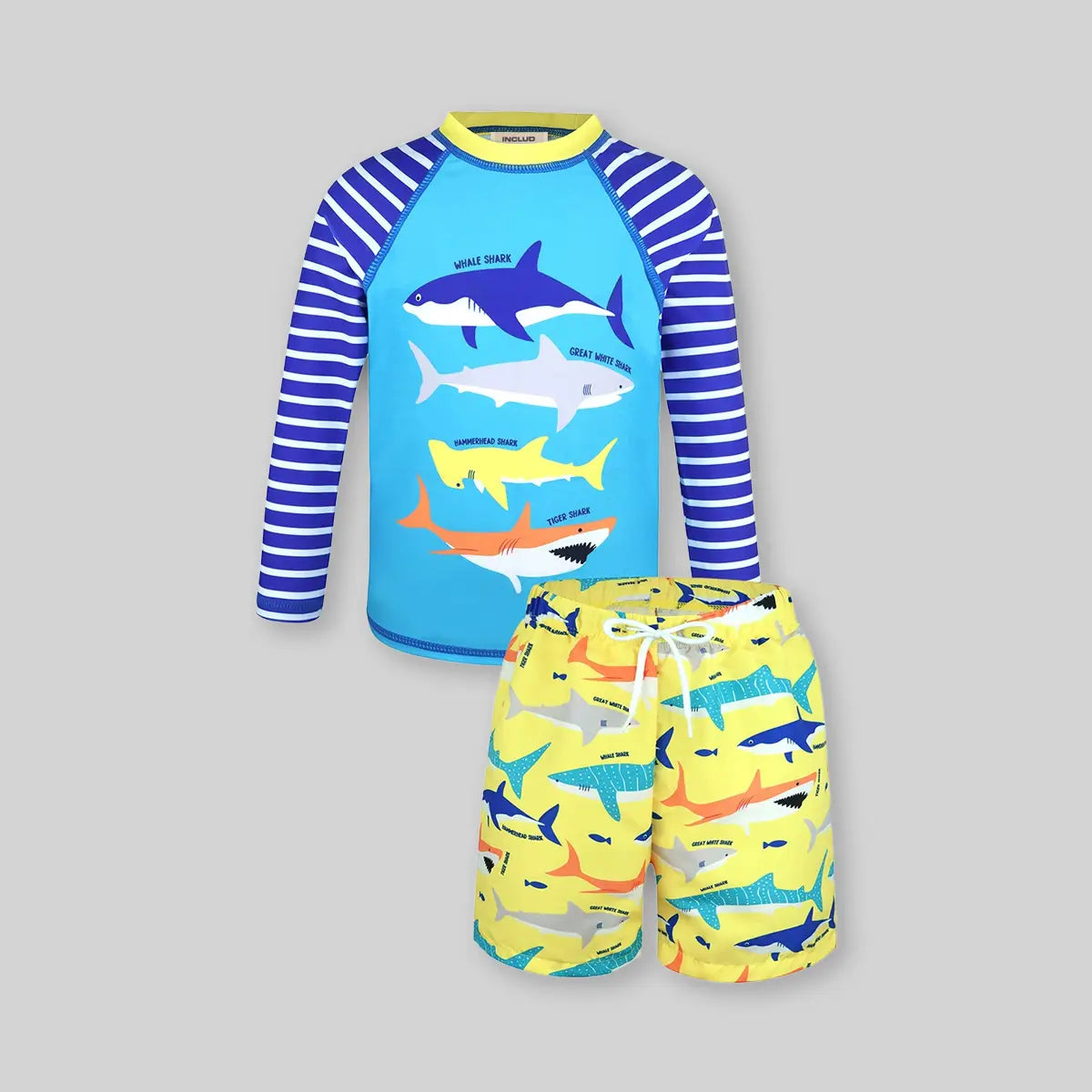 Boys Light Blue Fish Printed Long Sleeves T-Shirt & Shorts Swimsuit Sets Sets Light Blue 3-4 Y