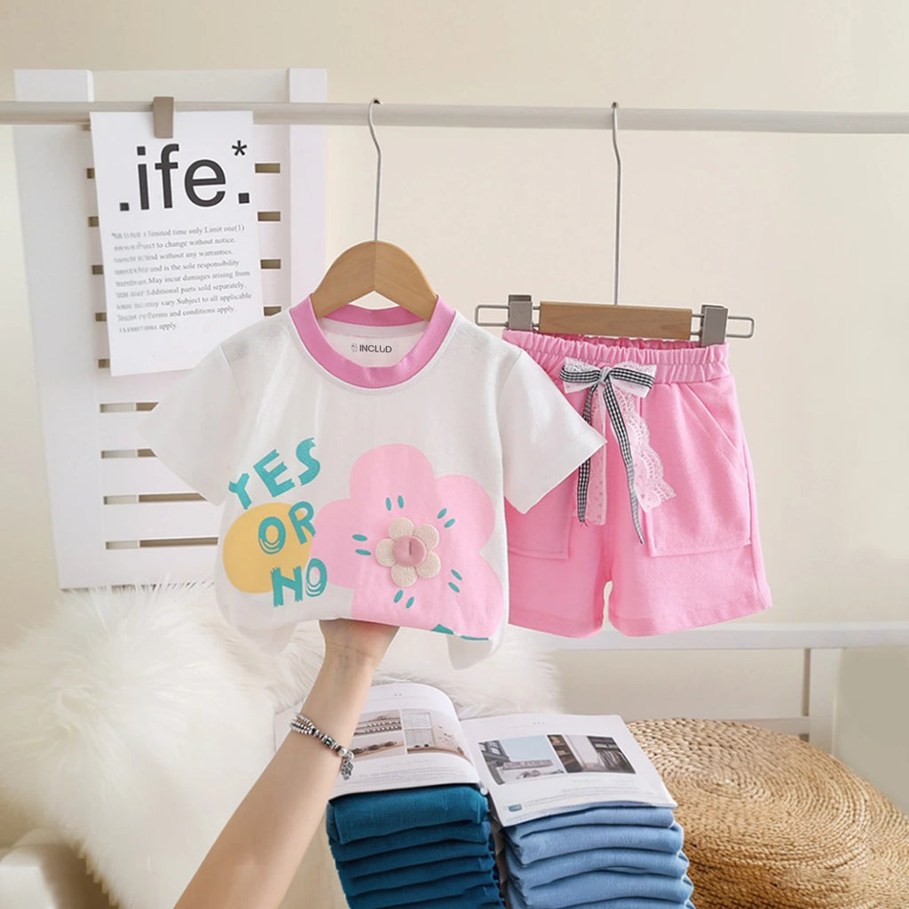 Girls Pink Floral Printed Short Sleeve T-Shirt With Elasticated Shorts Sets 2 pc. Sets Pink 1-2 Y