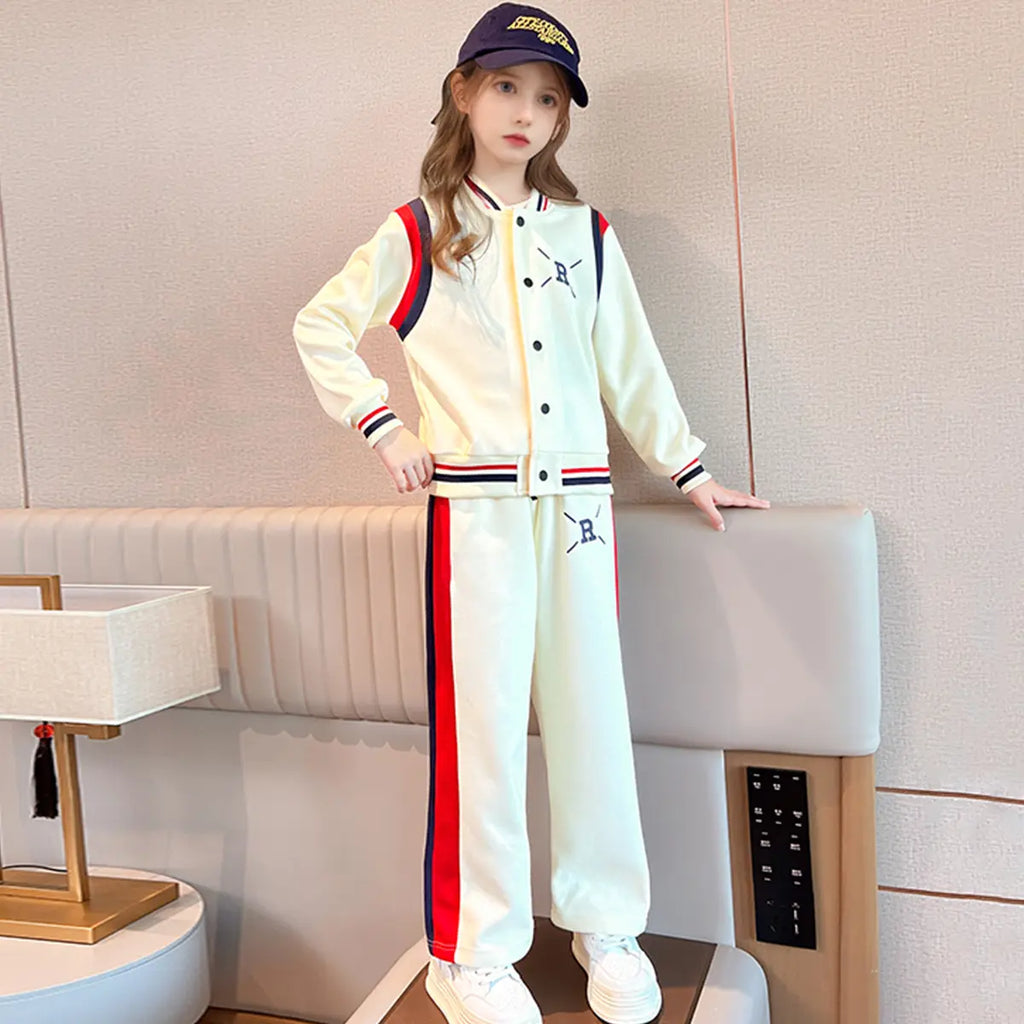 Girls Cream R Letter Printed Varsity Jacket With Pants Co-ord Sets Sets