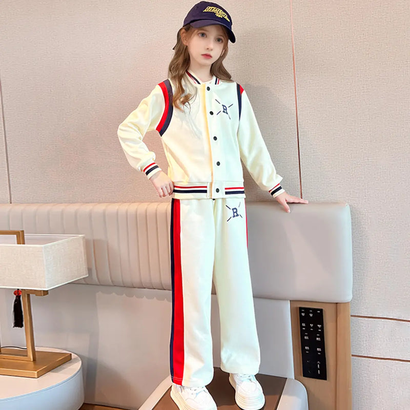 Girls Cream R Letter Printed Varsity Jacket With Pants Co-ord Sets Sets