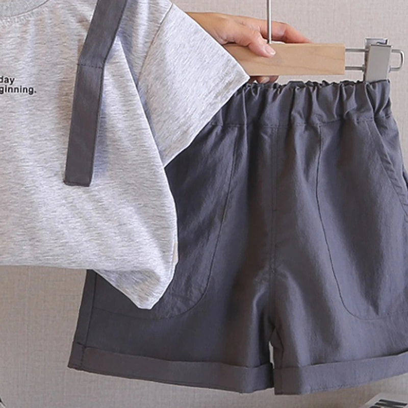 Boys Grey Bag Pack Applique Short Sleeve T-Shirt With Elasticated Shorts Sets 2 pc. Sets