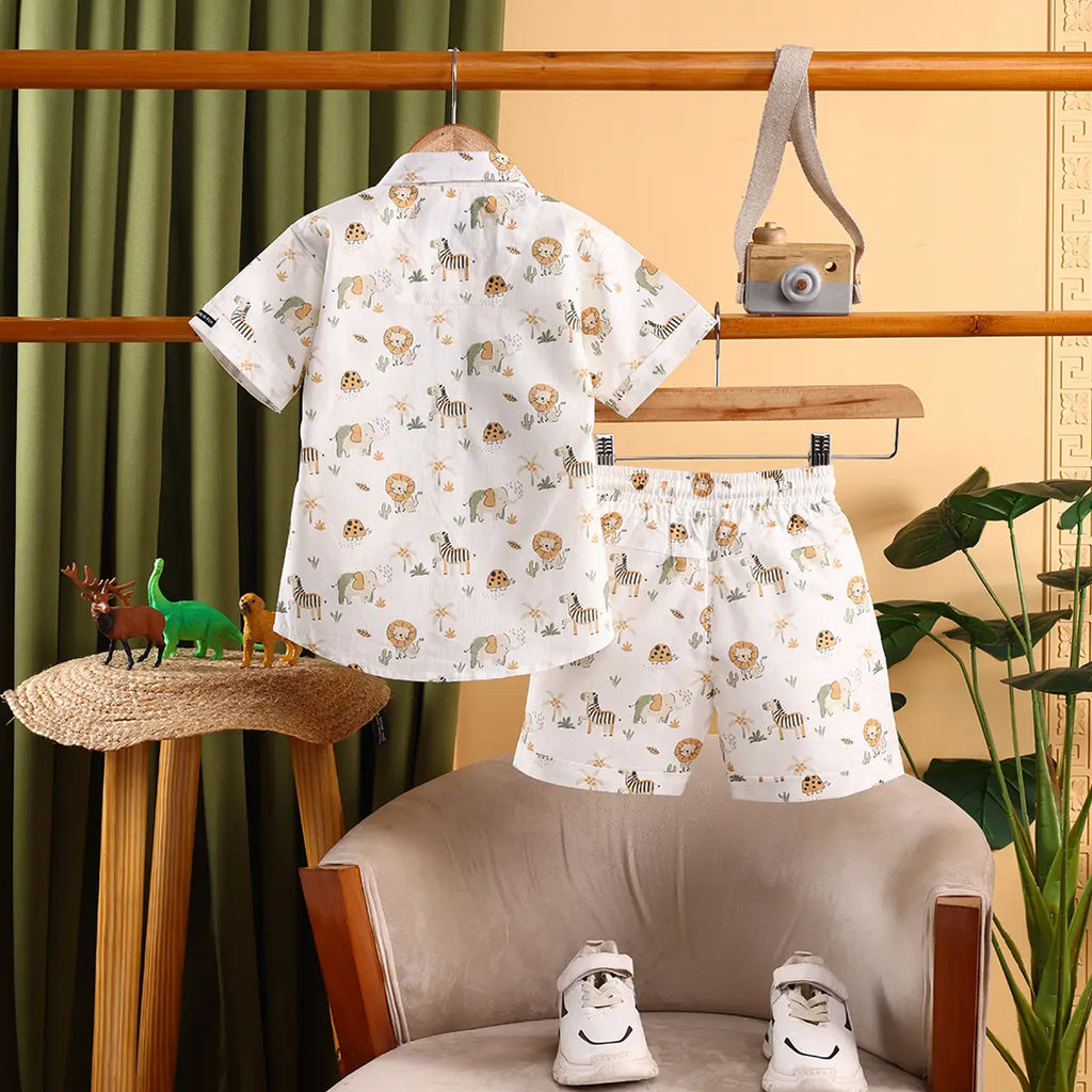 Boys Multicolor Animal Printed Shirt With Printed T-Shirt and Shorts Sets Sets