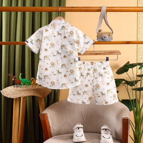 Boys Multicolor Animal Printed Shirt With Printed T-Shirt and Shorts Sets Sets