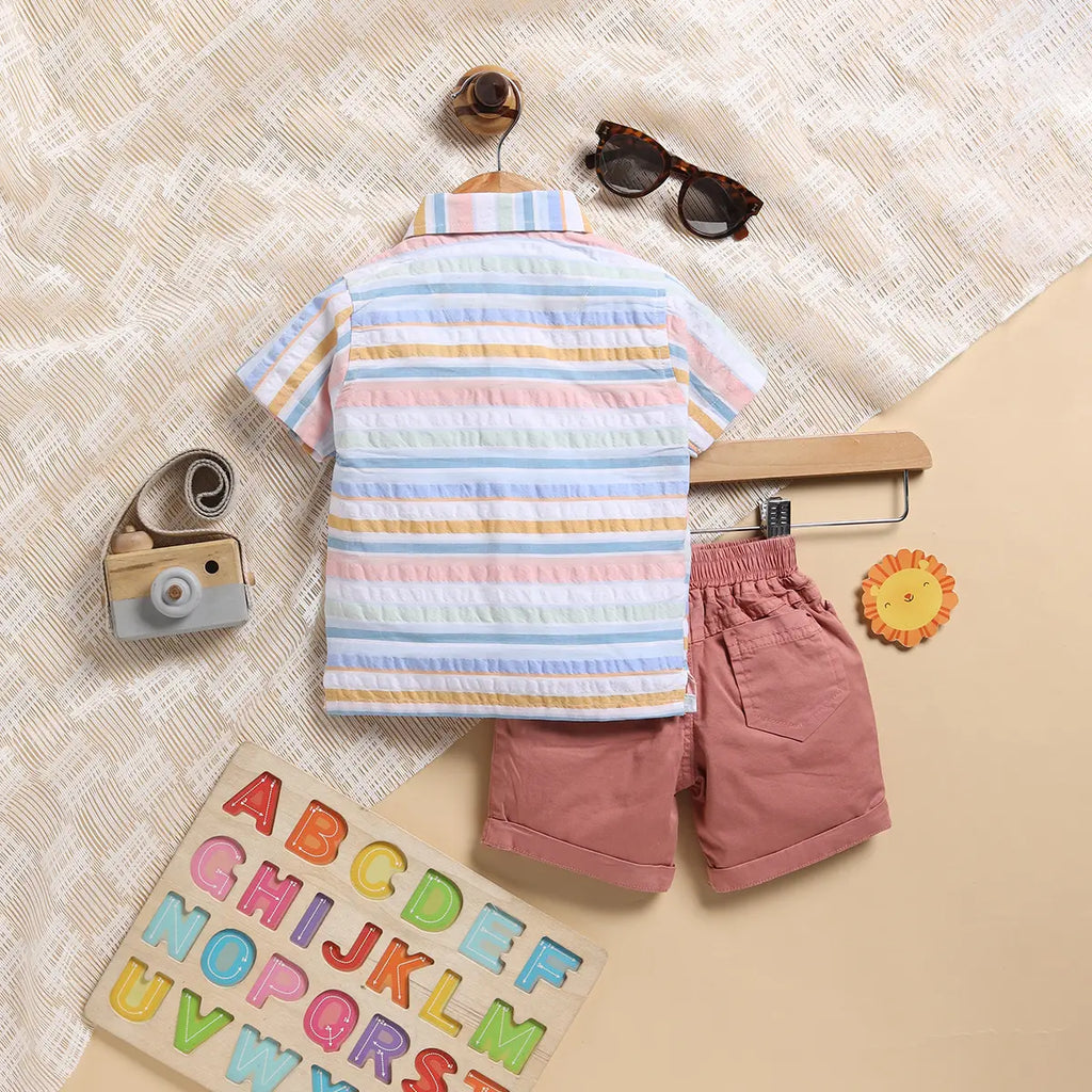 Boys Multicolor Stripes Lion Embroidery Shirt With Twill Shorts Sets 2 pc. Sets