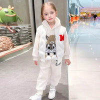 Girls Beige Rabbit Applique Hooded Sweatshirt With Sleeveless Padded Vest & Jogger Sets Sets
