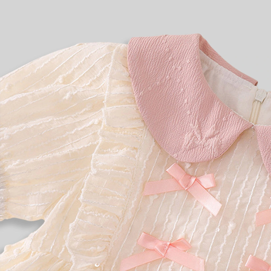 Girls Apricot Textured Bow Embellished Peter Pan Collar Dress Casual Dresses