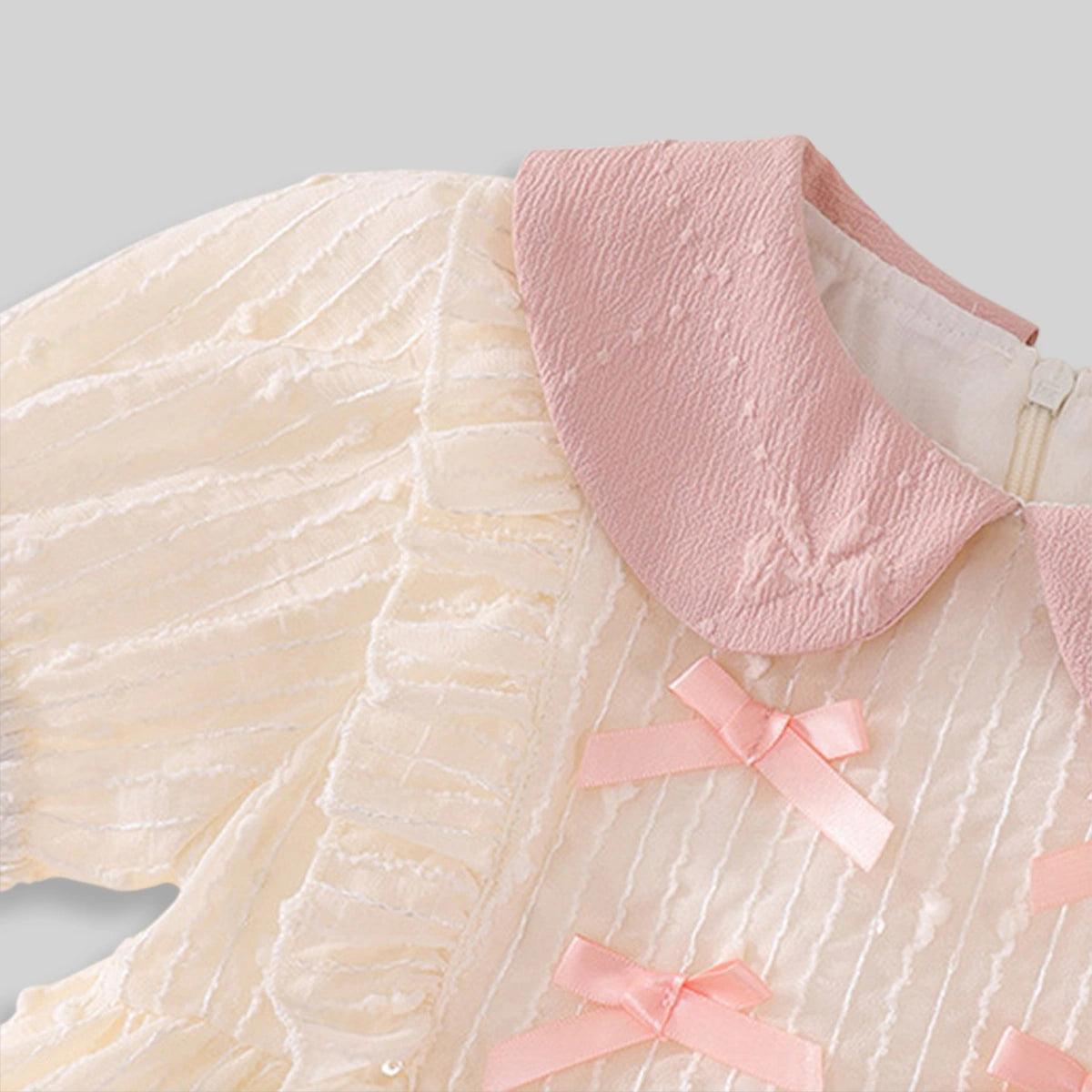 Girls Apricot Textured Bow Embellished Peter Pan Collar Dress Casual Dresses