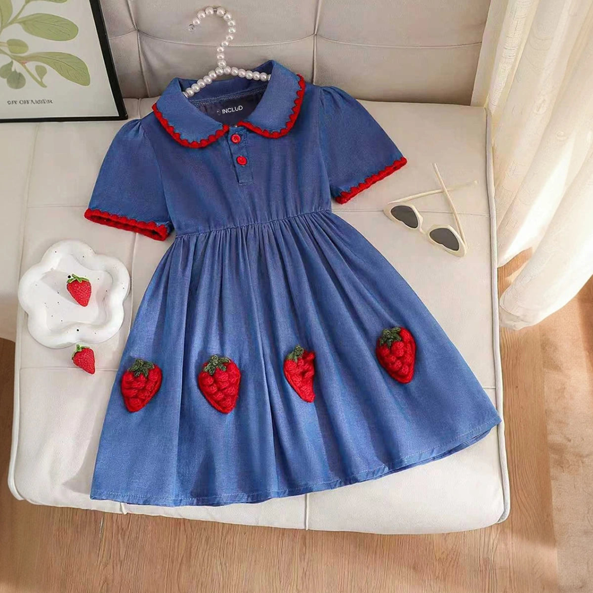 Girls Blue Strawberry Applique Puff Sleeve A-Line Dress Casual Dresses Blue 3-4 Y