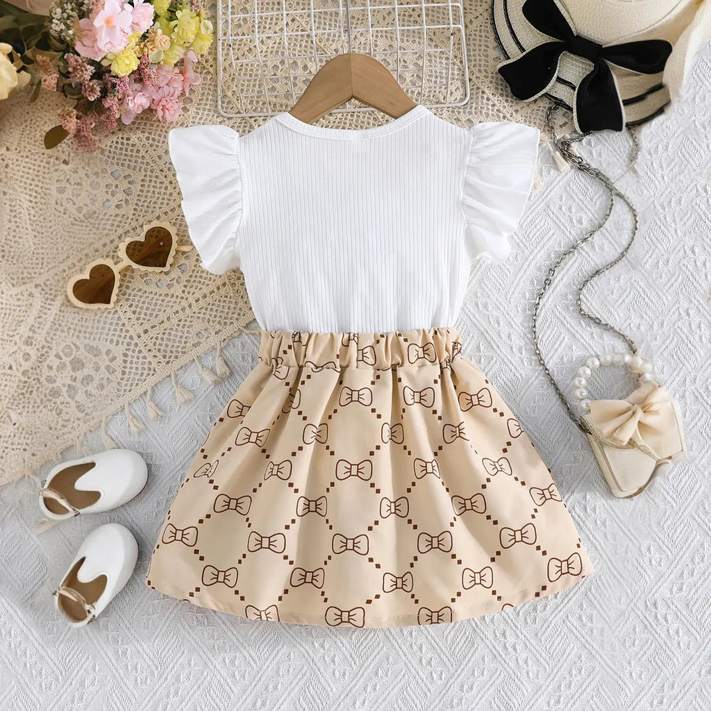 Girls White Bow Printed Top With Skirt Sets Sets