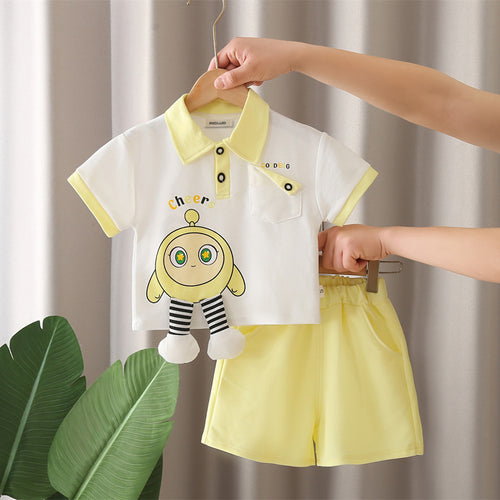 Boys Yellow Cartoon Printed Applique Short Sleeves Polo T-Shirt With Shorts Set 2 pc. Sets