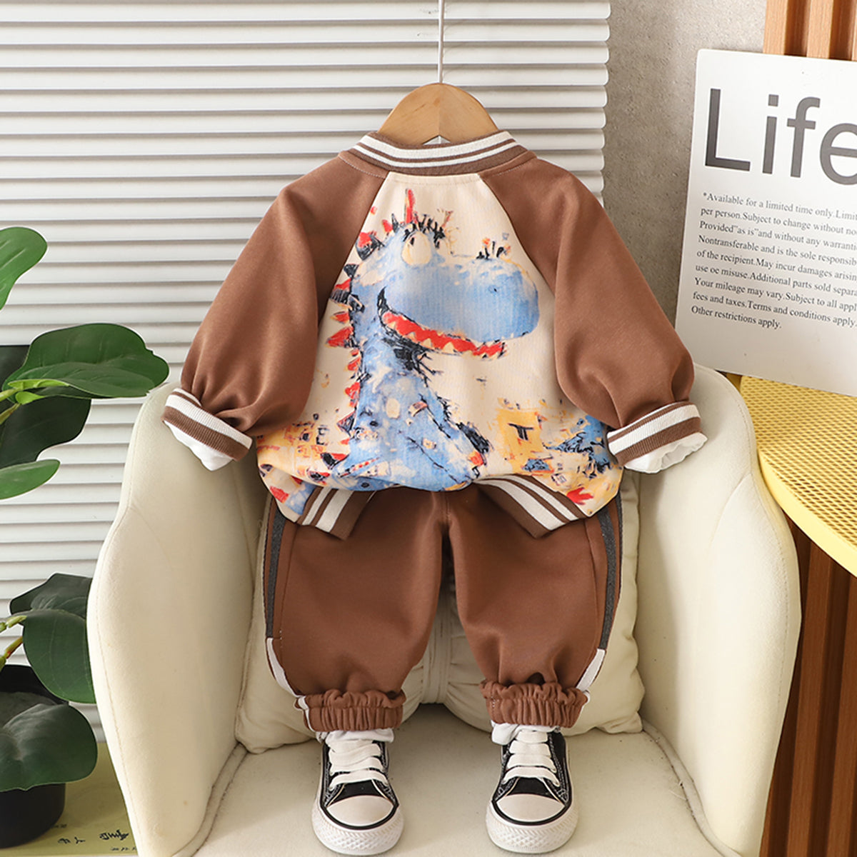 Boys Brown Solid Varsity Jacket With Printed T-Shirt & Joggers Set Sets