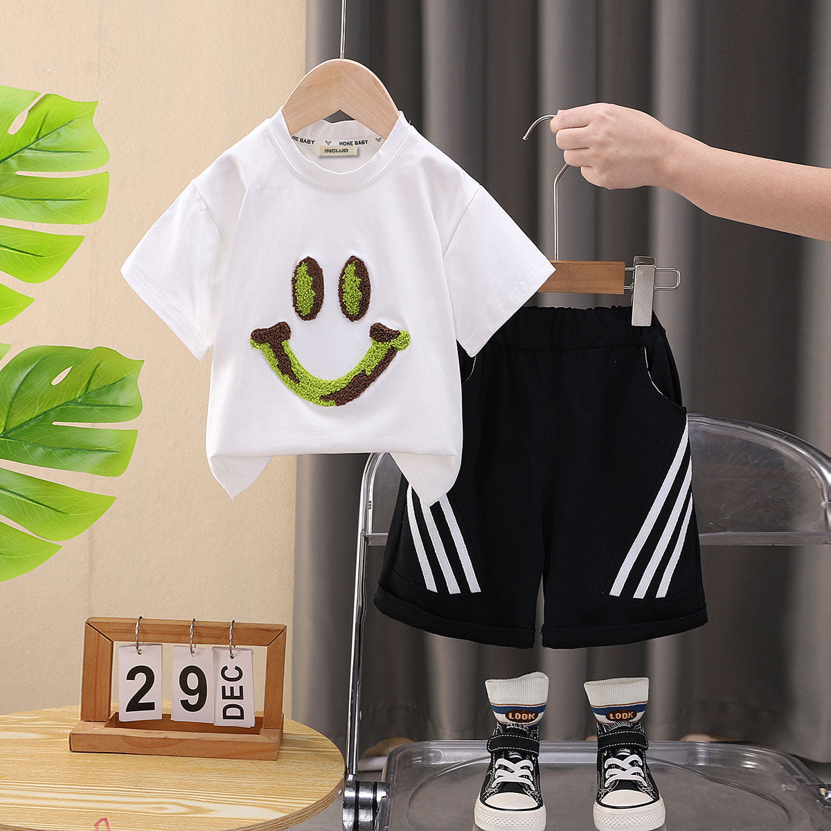 Boys White Smiley Patch T-shirt with Striped Shorts Set Sets White 1-2 Y