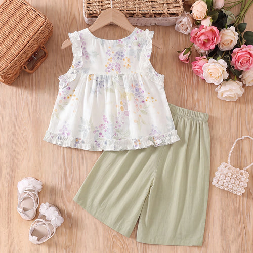 Girls White Floral Print Sleeveless Top With Shorts Sets 2 pc. Sets