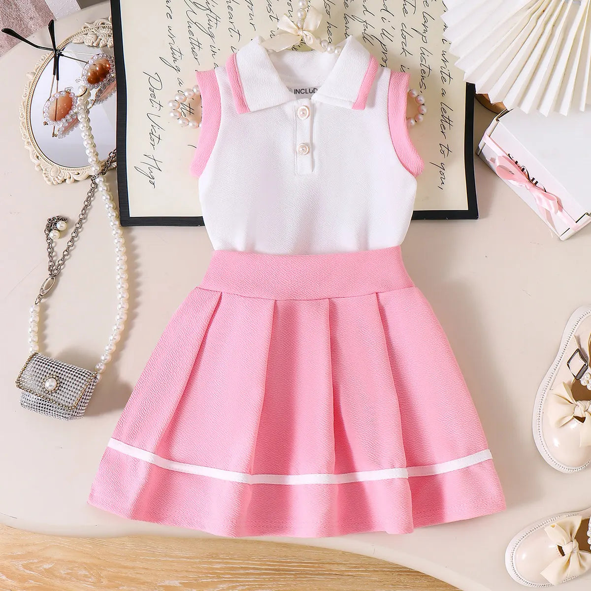 Girls White Sleeveless Polo Top With Pleated Skirt Sets 2 pc. Sets White 2-3 Y