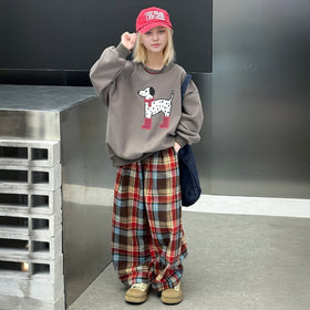 Girls Brown Cartoon Graphic Winter Sweatshirt With Checked Pant Set 2 pc. Sets Brown 5-6 Y