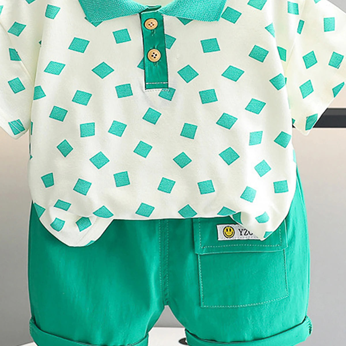Boys Light Green Geometric Printed Short Sleeve Polo T-Shirt With Shorts Sets 2 pc. Sets