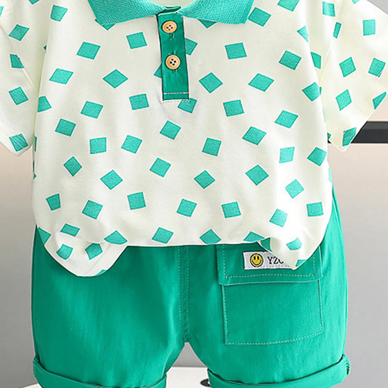 Boys Light Green Geometric Printed Short Sleeve Polo T-Shirt With Shorts Sets 2 pc. Sets