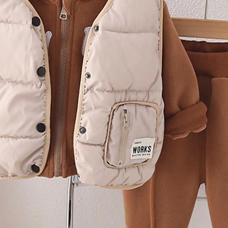Boys Brown Fleece Hooded Zipper Jacket With Puffer Vest & Jogger Sets Sets