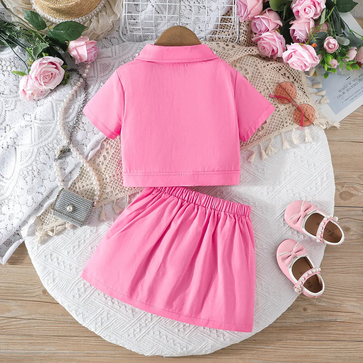 Girls Pink Self-Design Crop Length Top With Skirt Sets 2 pc. Sets