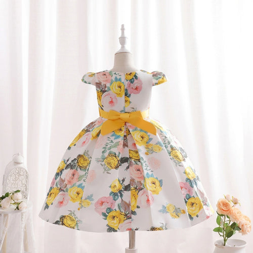 Girls Yellow Floral Printed Cap Sleeve Fit & Flare Party Wear Dress Party Dresses