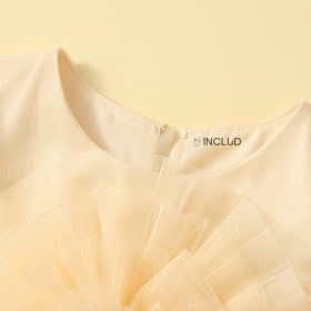 Girls Yellow Floral Applique Puff Sleeve Fit & Flare Party Dress Party Dresses