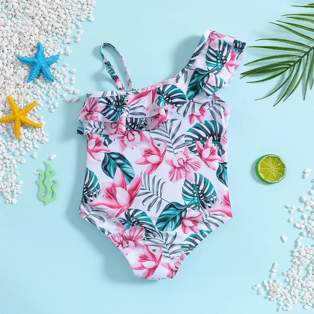 Girls White Tropical Printed One Shoulder Swimwear Bodysuit Beachwear