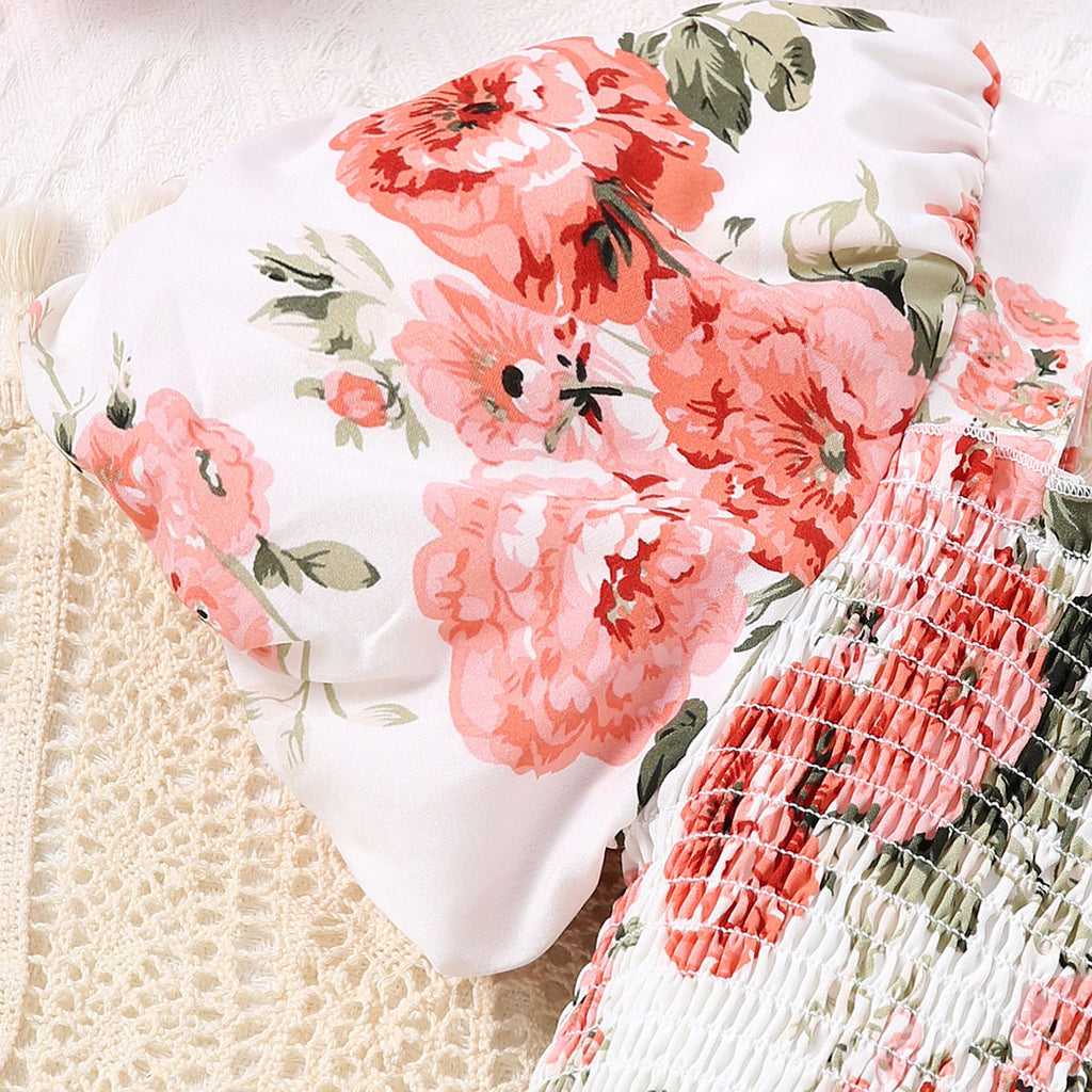 Girls White Floral Printed Puff Sleeves Dress Casual Dresses