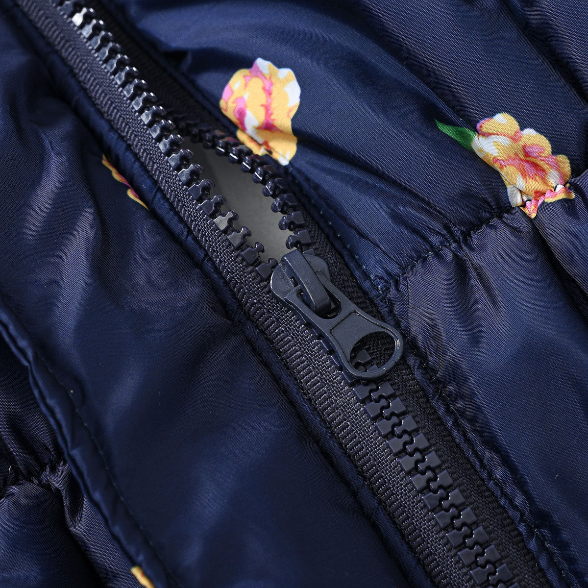 Girls Navy Blue Rose Printed Hooded Puffer Jacket Coats & Jackets