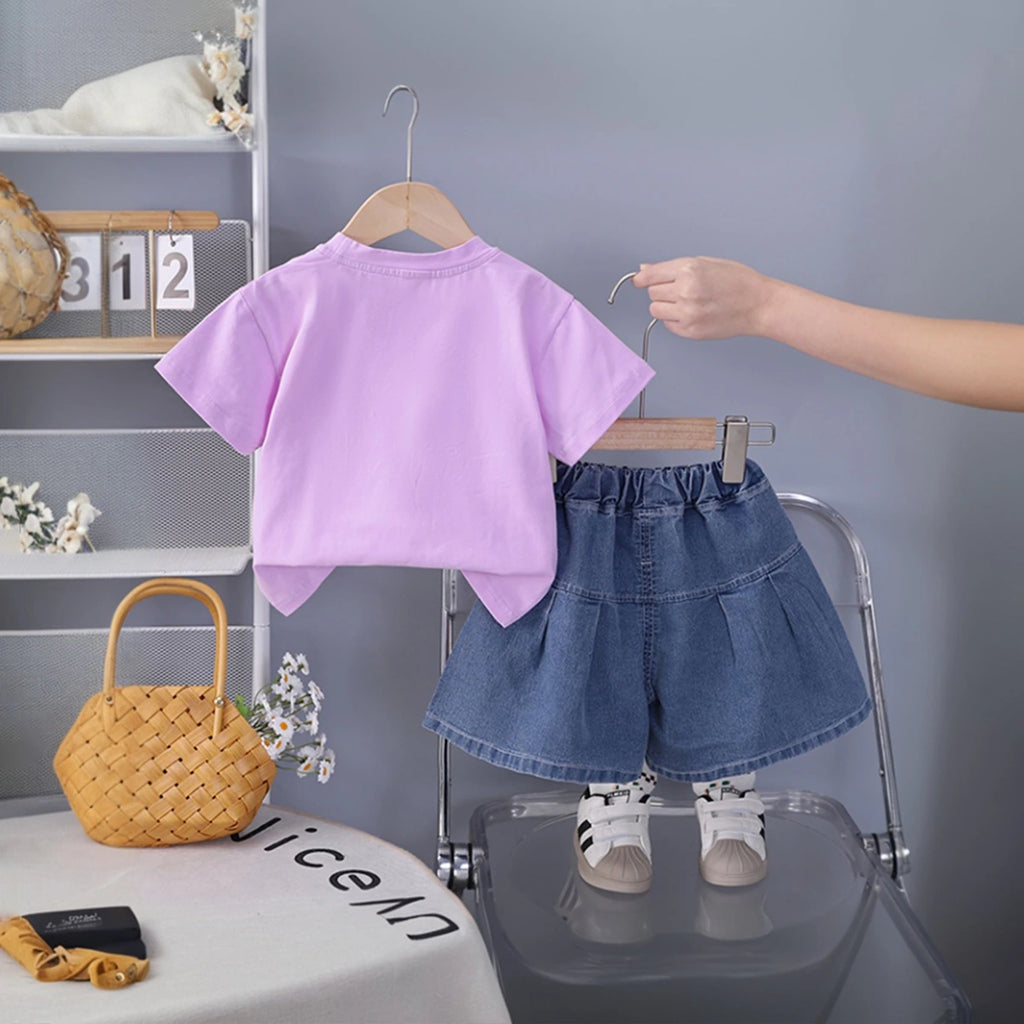 Girls Purple Butterfly Applique T-Shirt With Pleated Denim Shorts Set Sets