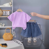 Girls Purple Butterfly Applique T-Shirt With Pleated Denim Shorts Set Sets