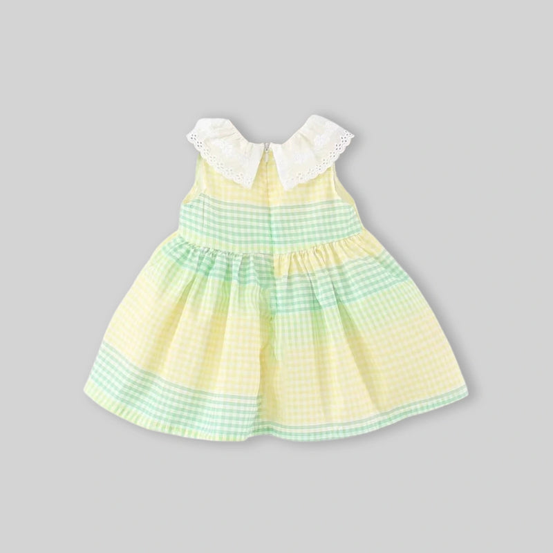 Girls Yellow Checked Bunny Embroidered Sleeveless Fit & Flare Dress Casual Dresses
