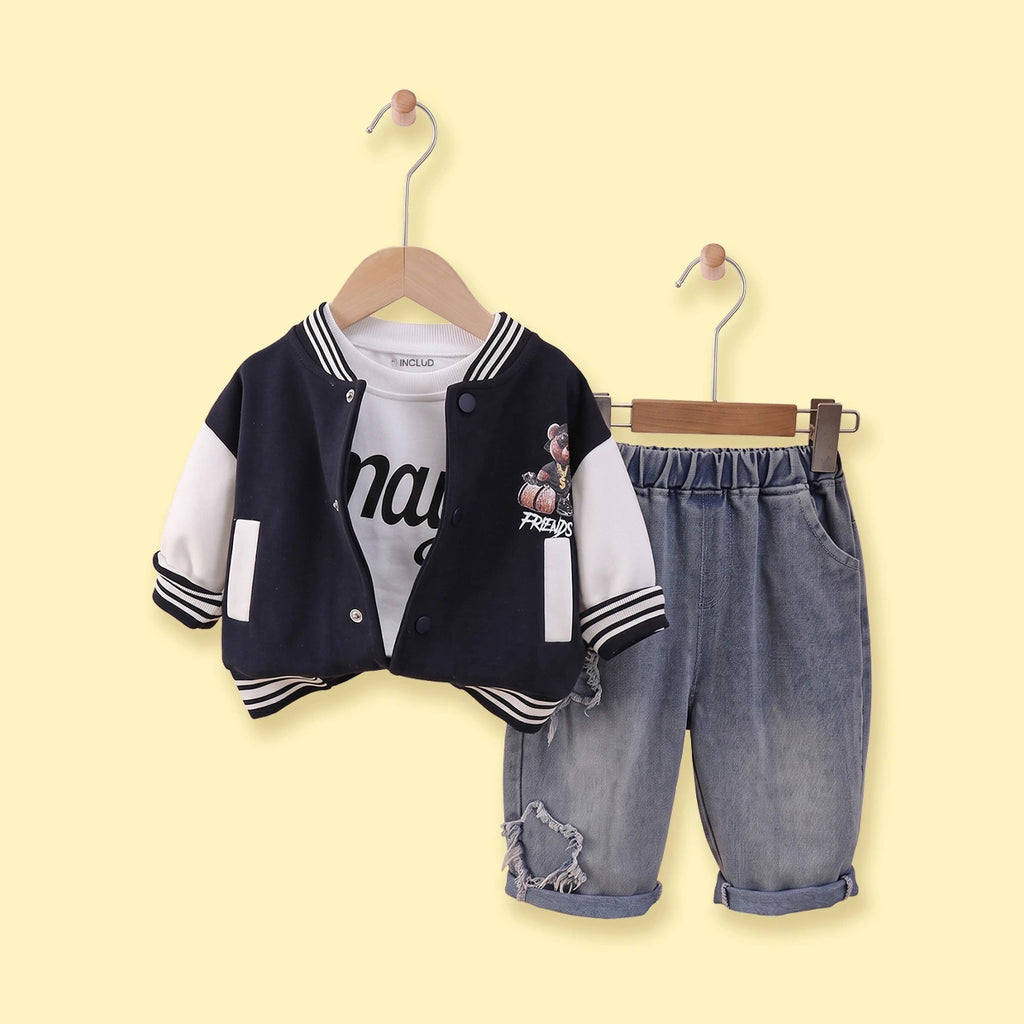 Boys Dark Blue Graphic Jacket With T-Shirt And Denim Pants Sets 3 pc. Sets Dark Blue 1-2 Y