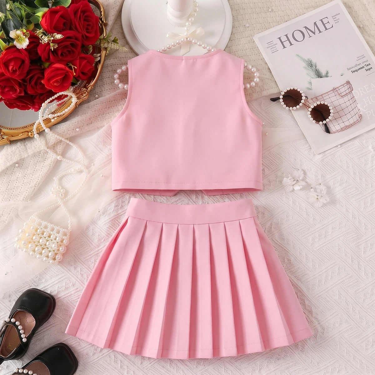 Girls Pink Rose Applique Sleeveless Top with Pleated Skirt Sets 2 pc. Sets