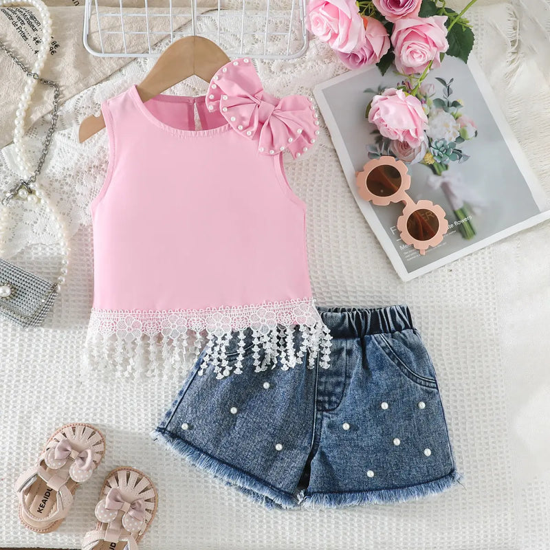 Girls Pink Pearl Bow Lace Top With Denim Shorts Sets Sets