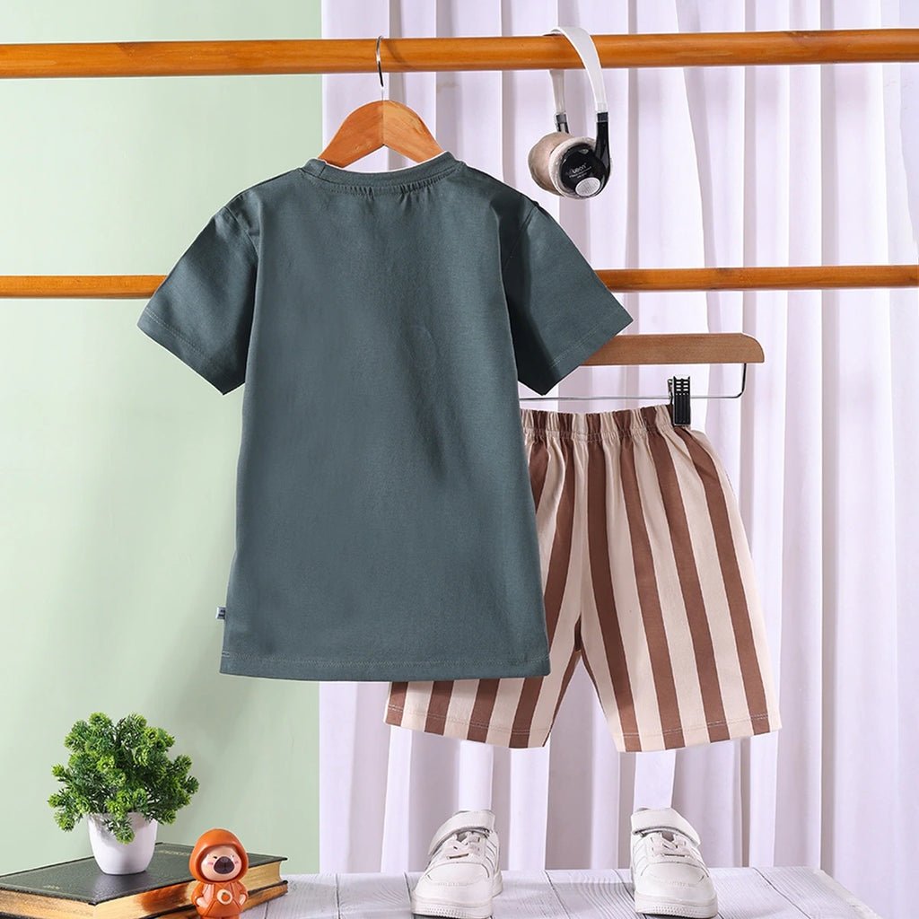 Boys Grey Dog Graphic T-Shirt With Striped Shorts Sets 2 pc. Sets