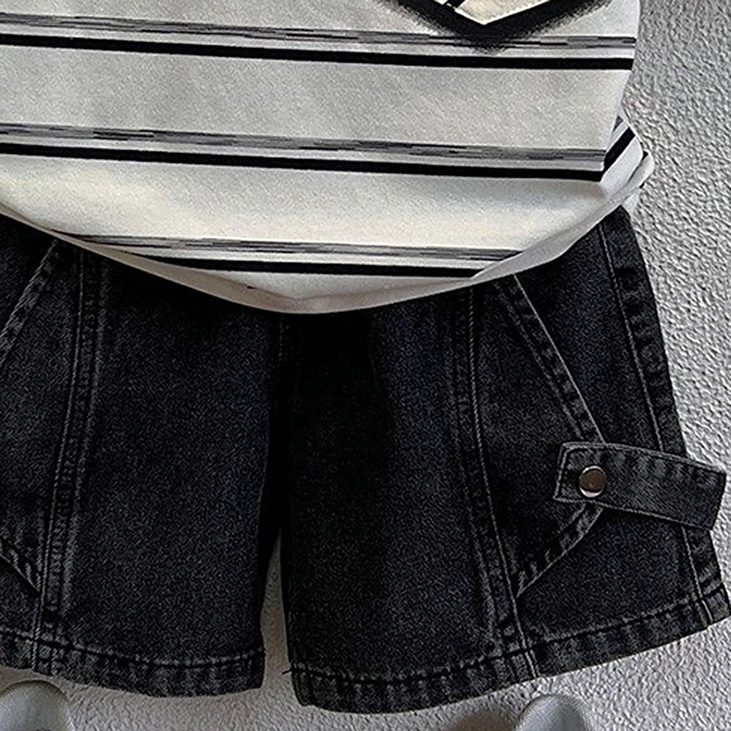 Boys Black Short Sleeve Striped T-Shirt With Denim Shorts Sets 2 pc. Sets