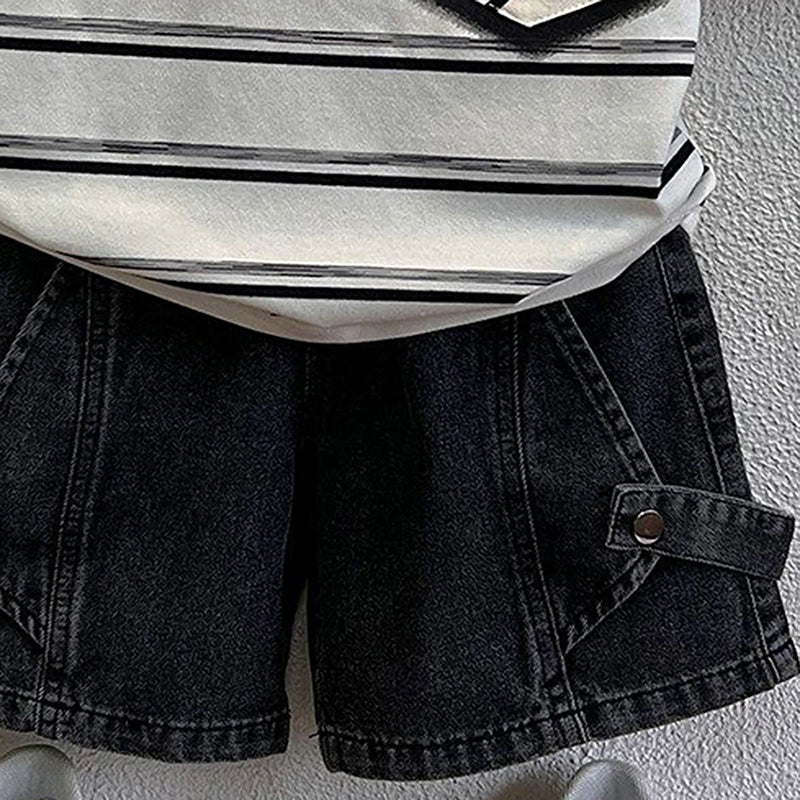 Boys Black Short Sleeve Striped T-Shirt With Denim Shorts Sets 2 pc. Sets