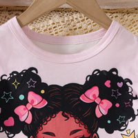 Girls Pink Graphics Top With Floral Printed Denim Pants Set Sets