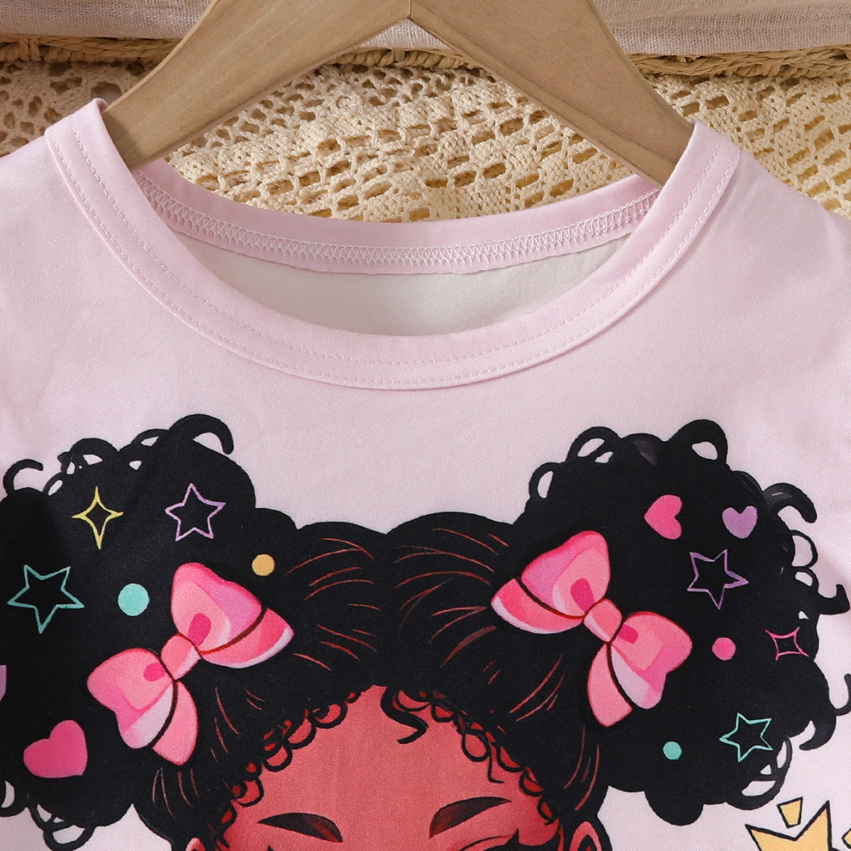 Girls Pink Graphics Top With Floral Printed Denim Pants Set Sets